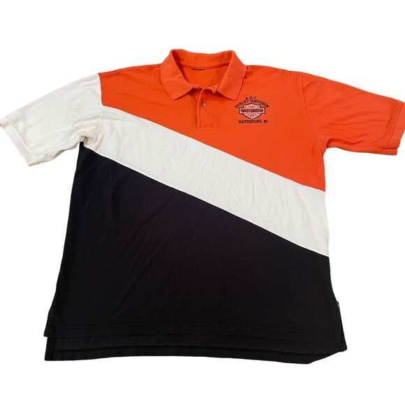 Harley-Davidson Colorblock Polo Shirt Waterford MI Men's XL Orange Black & White - Picture 1 of 3